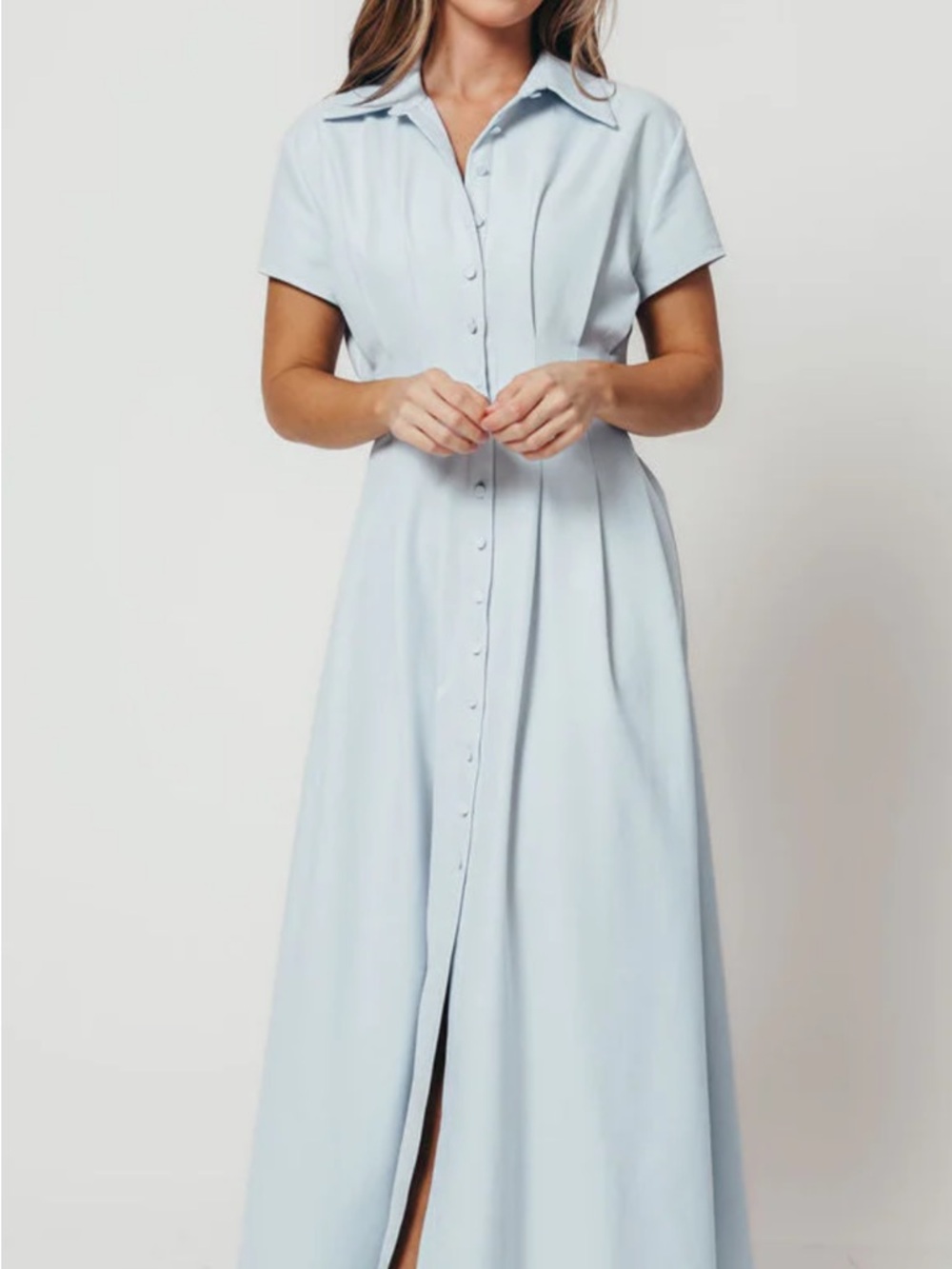 Worth Collective- Soft Blue Collared Button-Front Maxi Dress